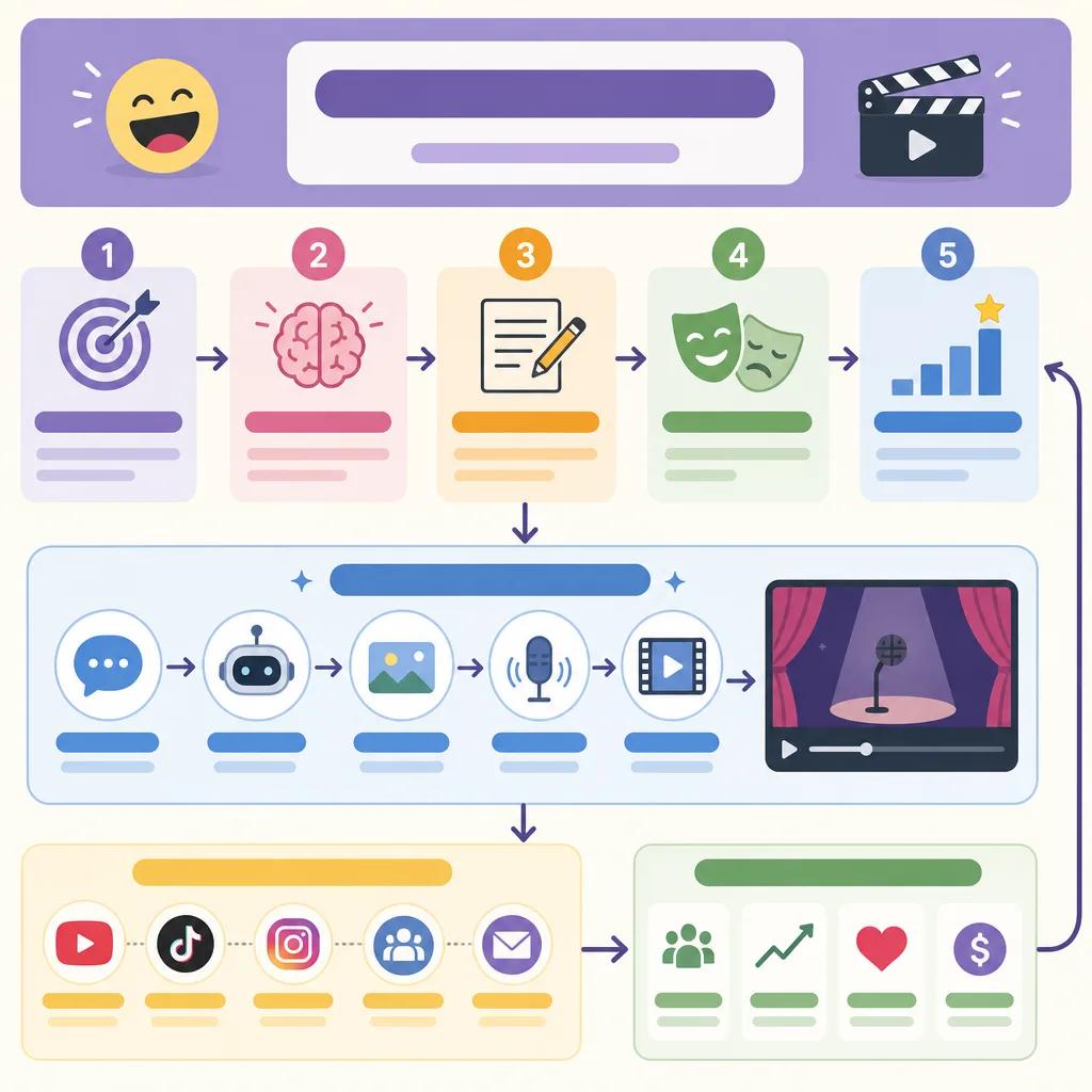 Diagram explaining building a comedy brand with AI videos