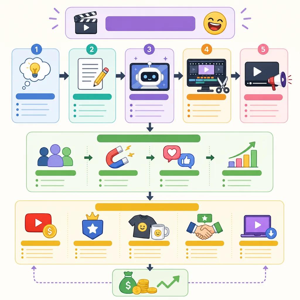 Diagram explaining monetizing ai videos for comedy channels