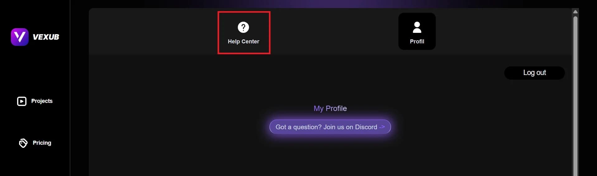Contacting Vexub support options highlighted on the support page