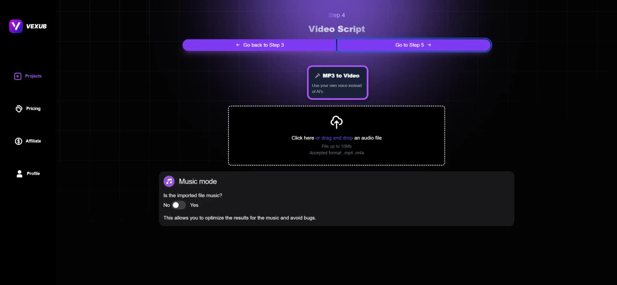 Vexub interface displaying MP3 to video conversion options.