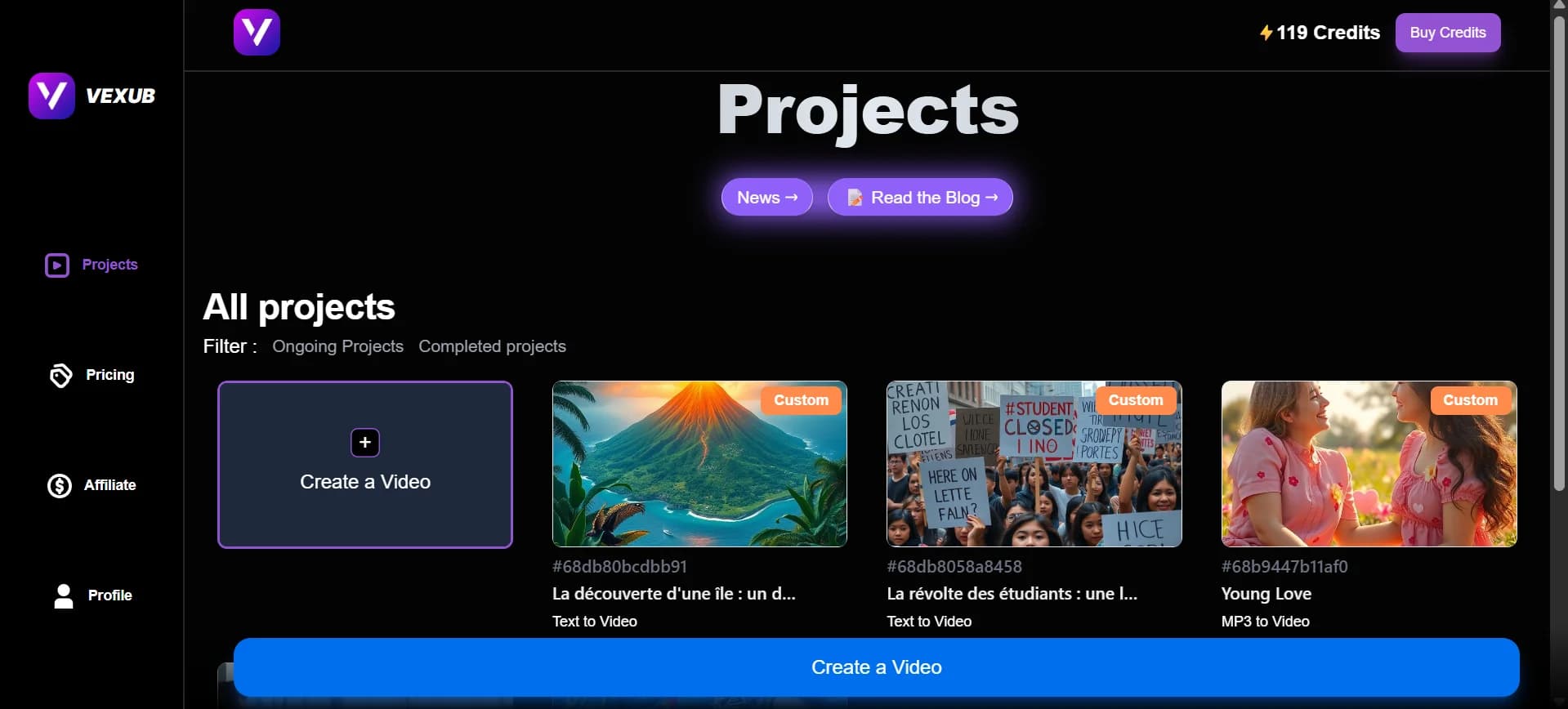 Step-by-step instruction for deleting a project in Vexub