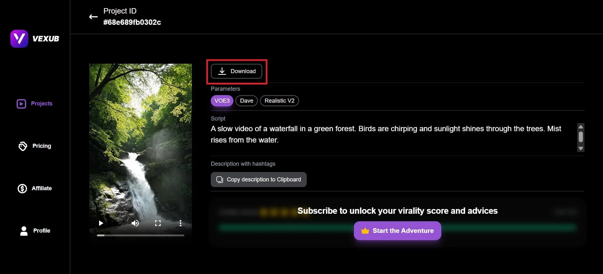 Rendering options for generating the final video in Vexub