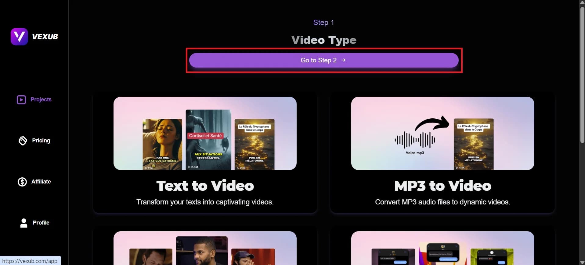 Dashboard view showcasing project options in Vexub