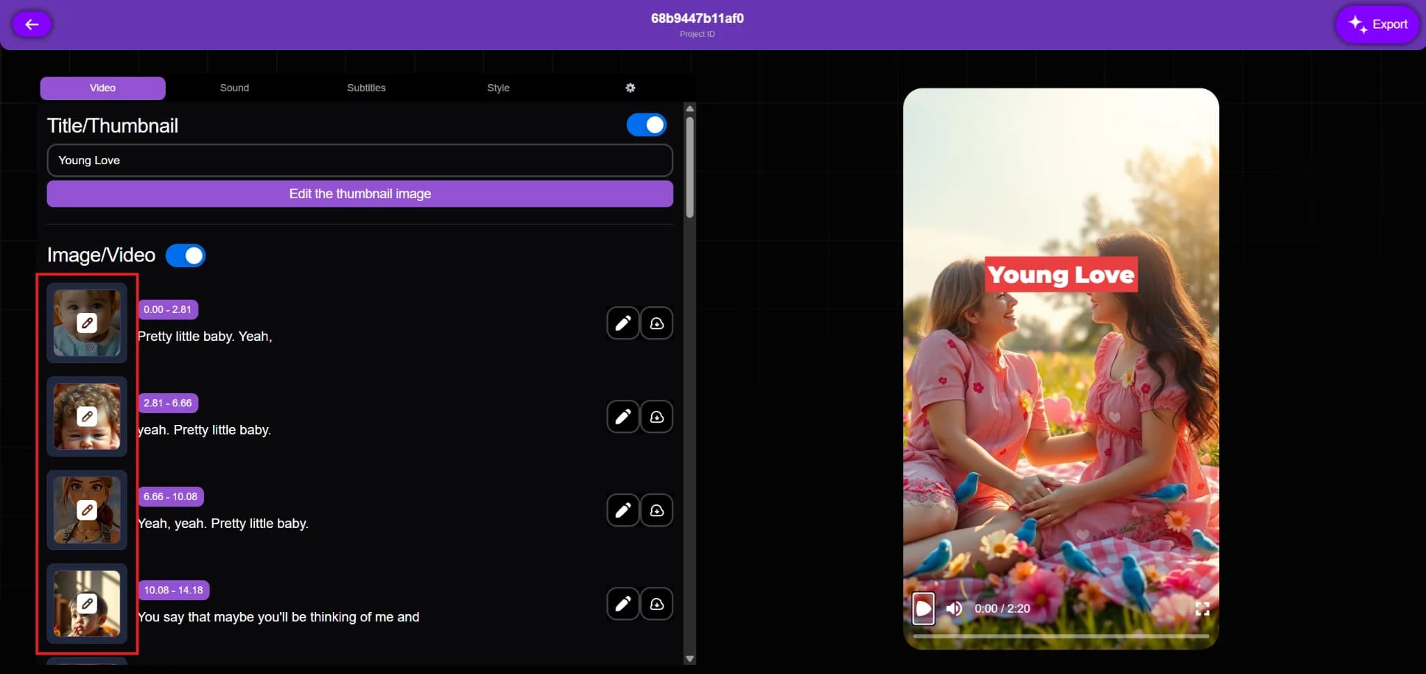 Vexub project interface with options to change media assets