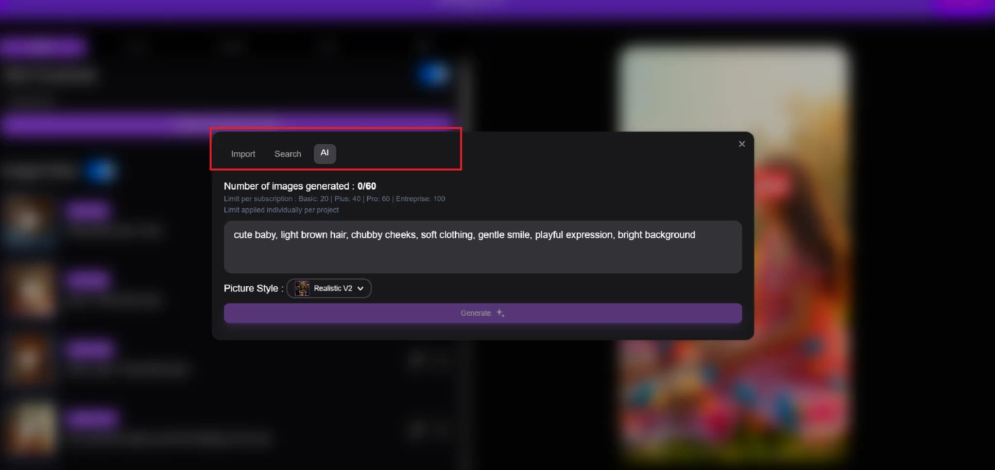 Asset selection screen showing thumbnails in Vexub