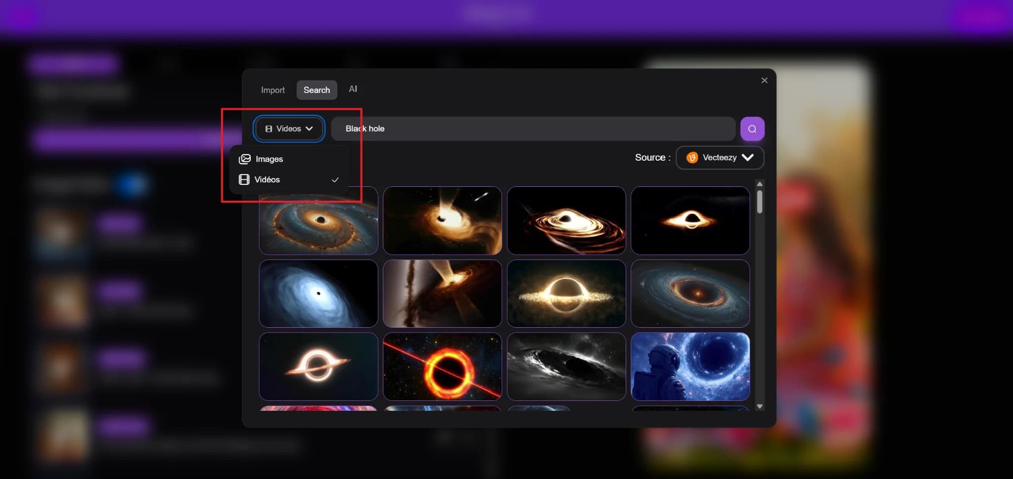 Searching for assets in Vexub's stock library
