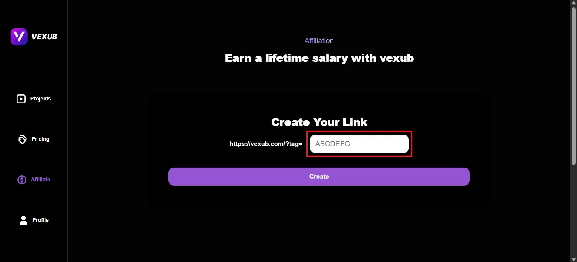 Visual guide for accessing and sharing Vexub affiliate links