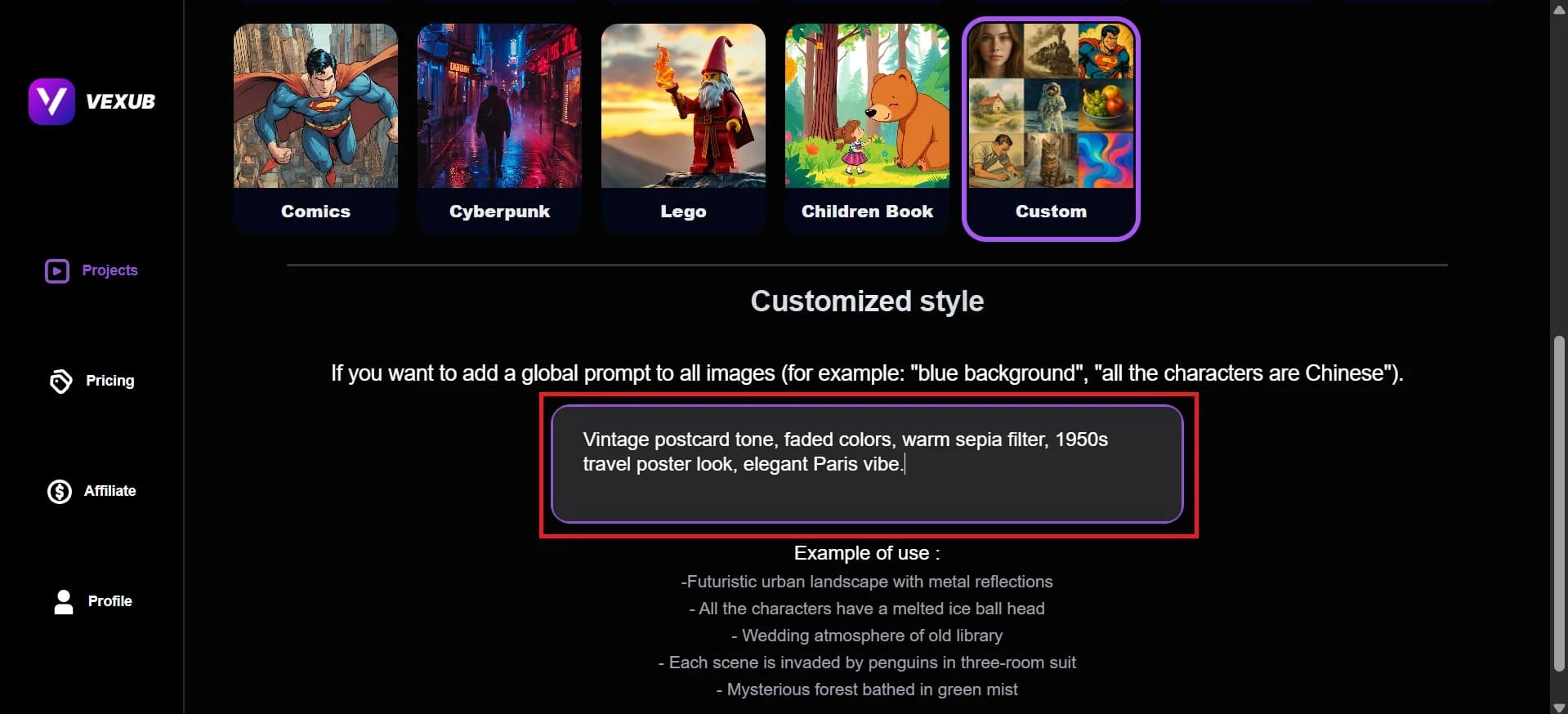Settings options for generating a custom image style on Vexub