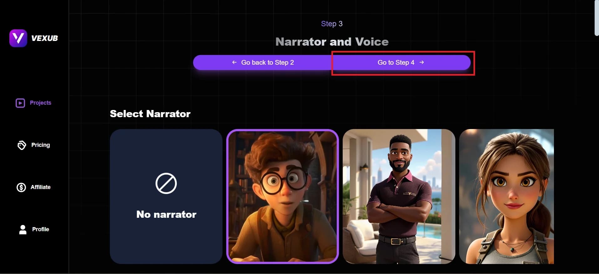 Choosing the narrator's voice for video production interface.