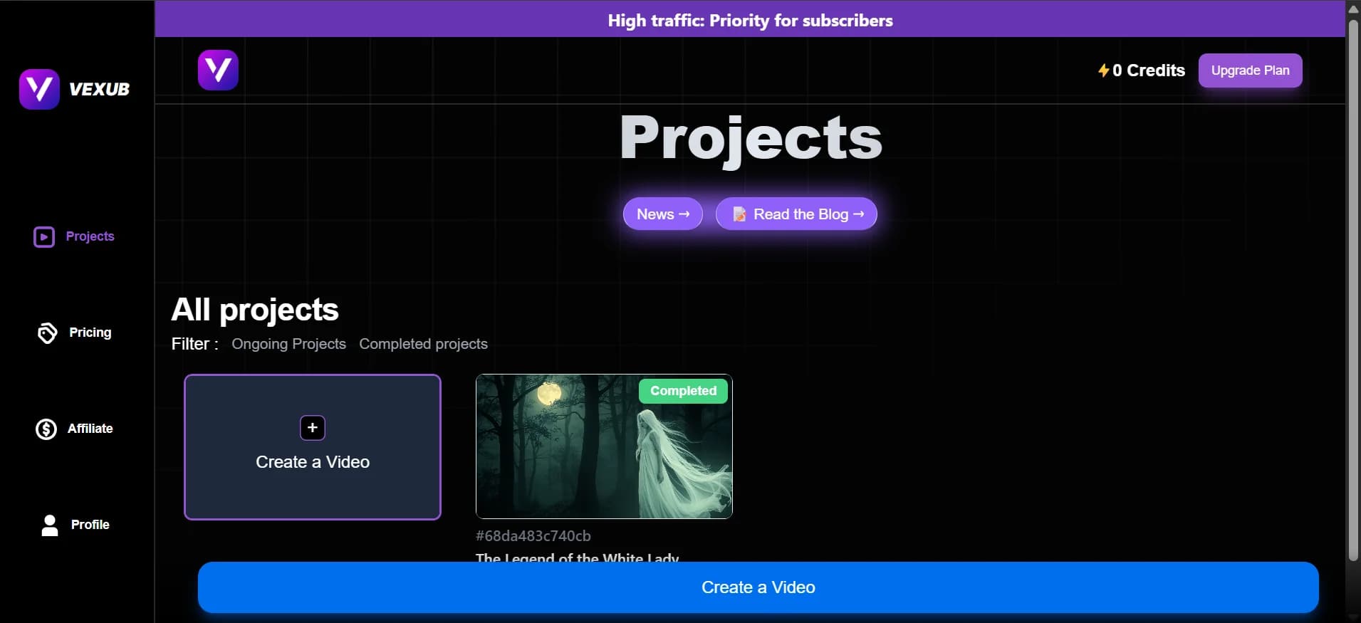 User starting a video project setup in Vexub