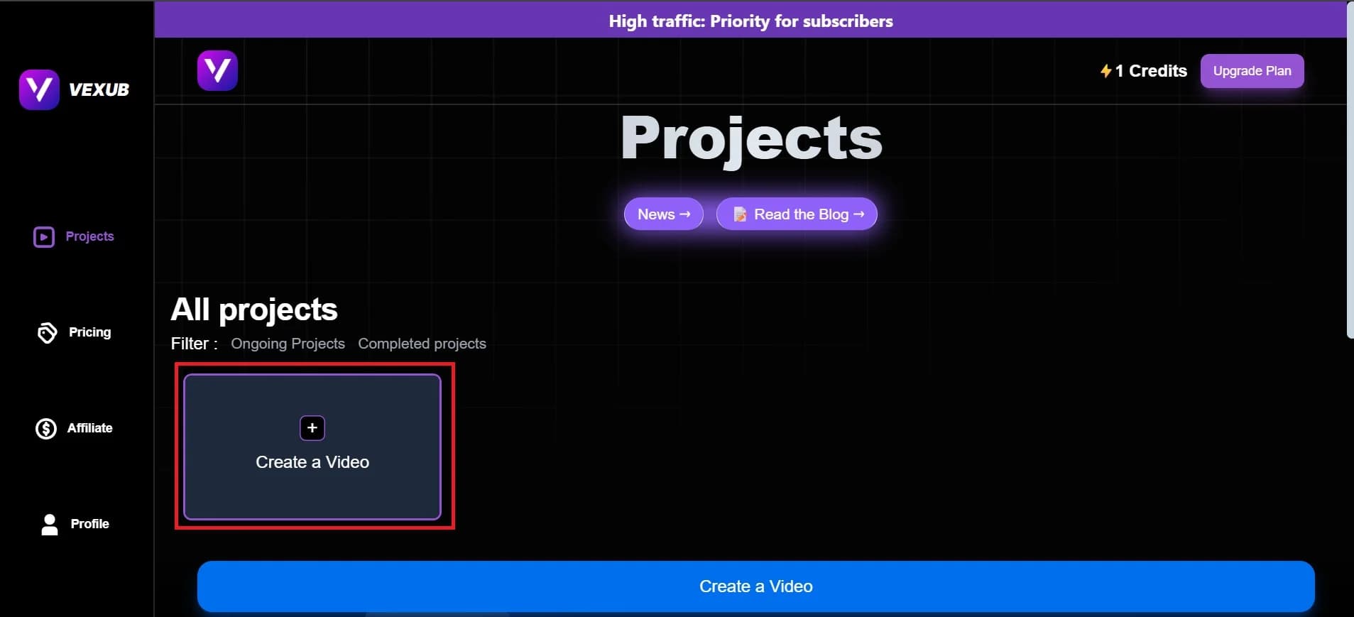 Vexub interface showing project creation options for videos