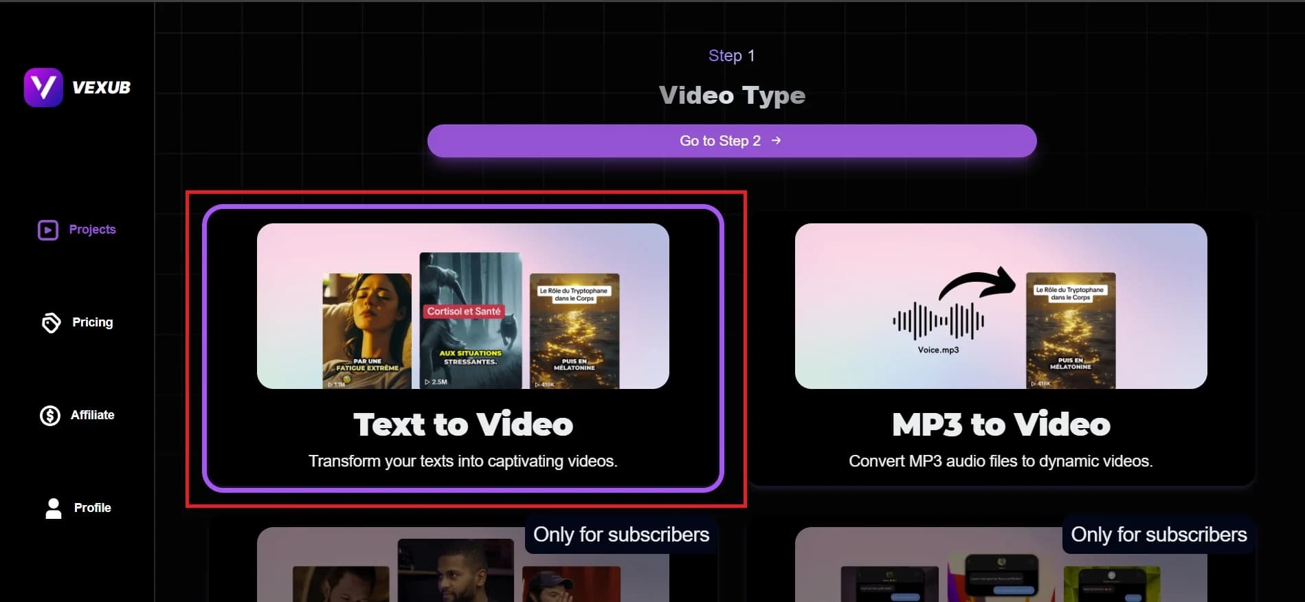 User setting up initial video project parameters in Vexub