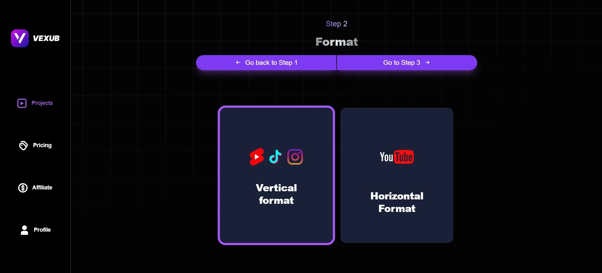 User choosing video format options in Vexub for creation