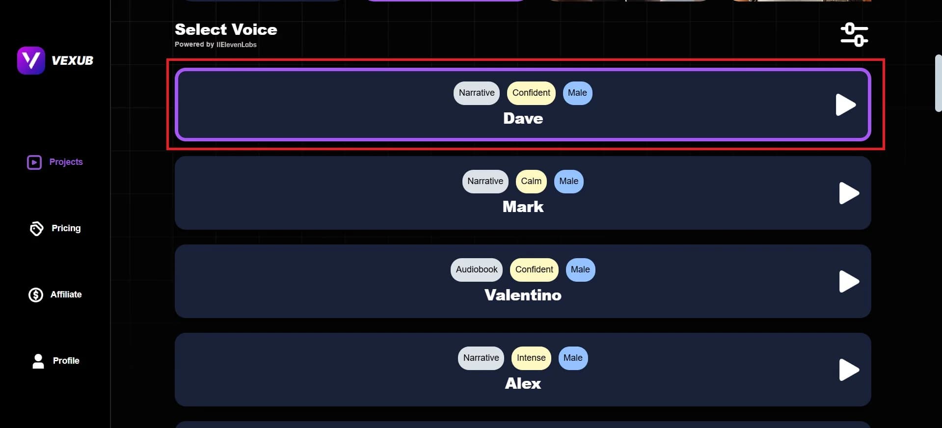 Selection process for voice and script in video creation.
